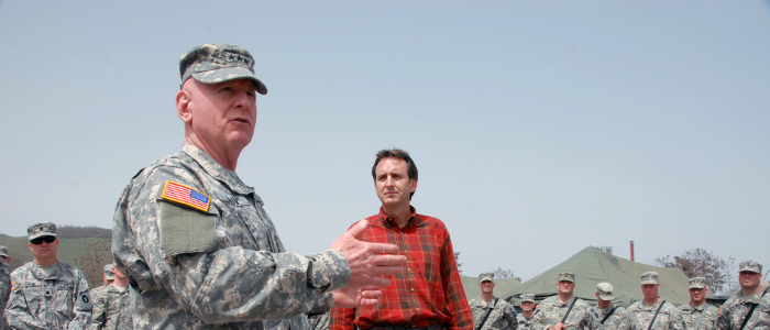 LTG H Steven Blum, the chief of the National Guard Bureau, and Minnesota Gov. Tim Pawlenty meet with Minnesota National Guard troops serving with the Kansas National Guard's 35th Infantry Division in Kosovo during a visit to the world's newest country on April 12, 2008. Kosovo declared independence from Serbia on Feb. 17, 2008. (U.S. Army photo by Staff Sgt. Jim Greenhill)
