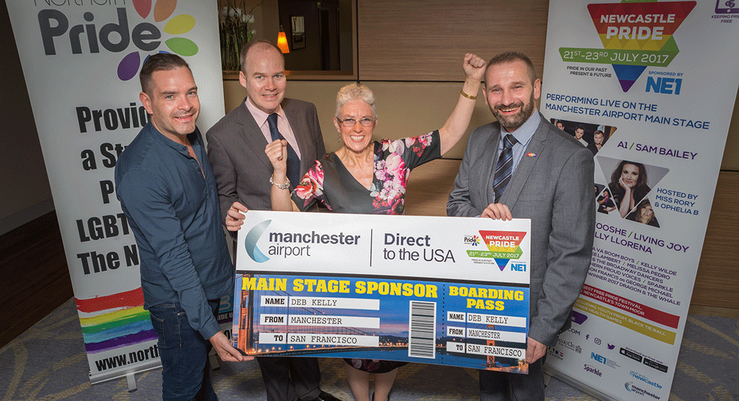 Competition winner Deb Kelly with Press-Office Manager Seb Thompson (left) and Patrick-Alexander, Head of Marketing from Manchester Airport