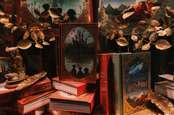 There are partially visible Harry Potter book covers in the background, suggesting additional books and creating depth. A golden-colored branch with artificial leaves decorates the arrangement. The overall color palette is dark and rich, with reds, golds, and dark greens dominating the scene.